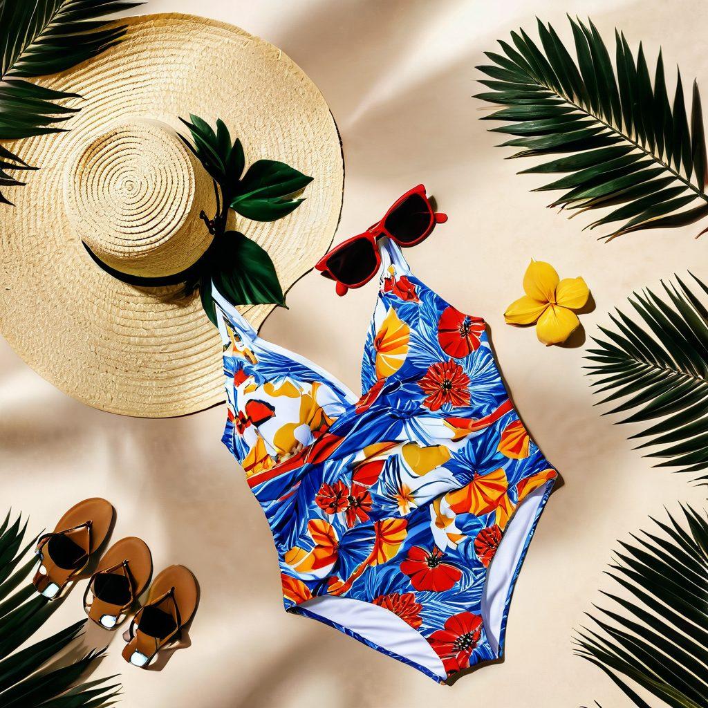 A stylish flat lay of essential swimwear pieces including a chic bikini, patterned beach cover-up, trendy sunglasses, and a straw hat, all set against a sandy beach background with gentle waves and palm trees. Bright colors and playful patterns should stand out, inviting viewers to embrace summer vibes. super-realistic. vibrant colors. beach background.